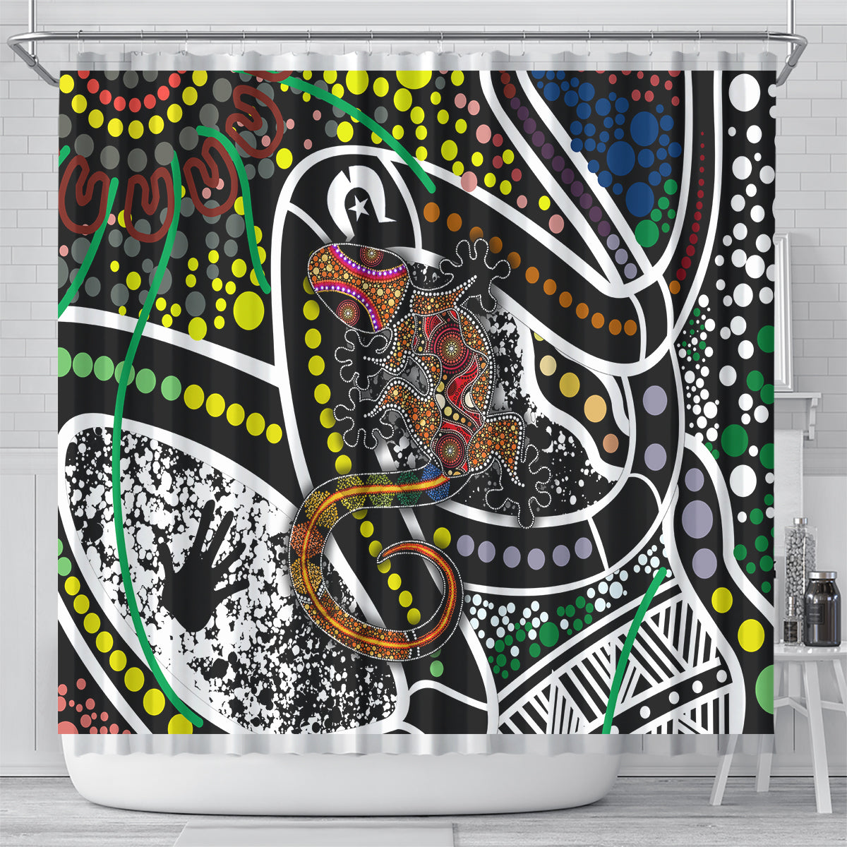 Multicolor abstract lizard pattern shower curtain with grommet top and dotted details