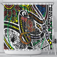 Multicolor abstract lizard pattern shower curtain with grommet top and dotted details