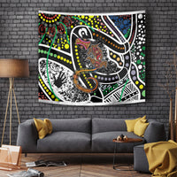 Aboriginal lizard dot art tapestry, multicolor dotted patterns with stylized lizard figure