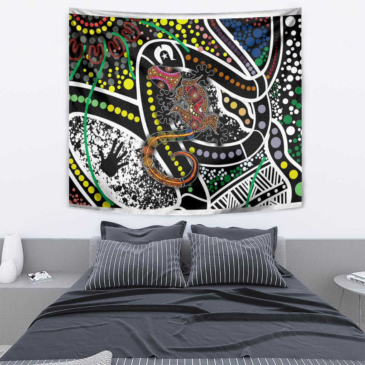 Aboriginal lizard dot art tapestry showing multicolor dotted accents and stylized lizard