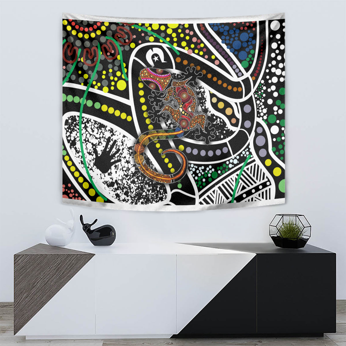 Aboriginal lizard dot art tapestry with multicolor abstract animal and curved dotted lines