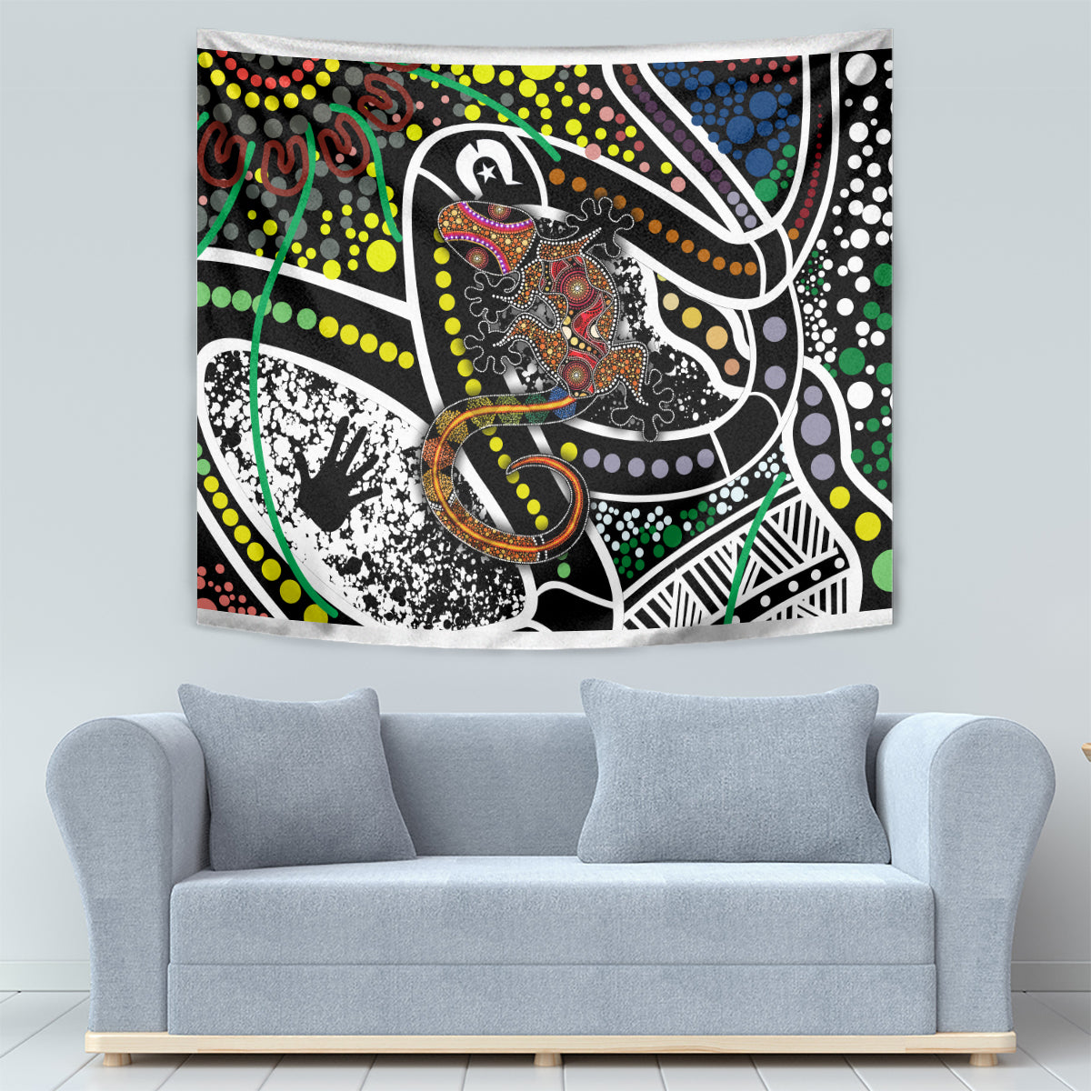 Aboriginal lizard dot art tapestry with bold black, white, green, yellow and red motifs