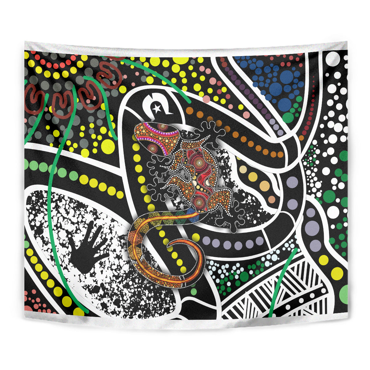 Aboriginal lizard dot art wall tapestry, multicolor dotted swirls and animal silhouette