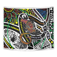 Aboriginal lizard dot art wall tapestry, multicolor dotted swirls and animal silhouette