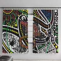 Multicolor Aboriginal dot art window curtains with bold geometric motifs, black and white accents.