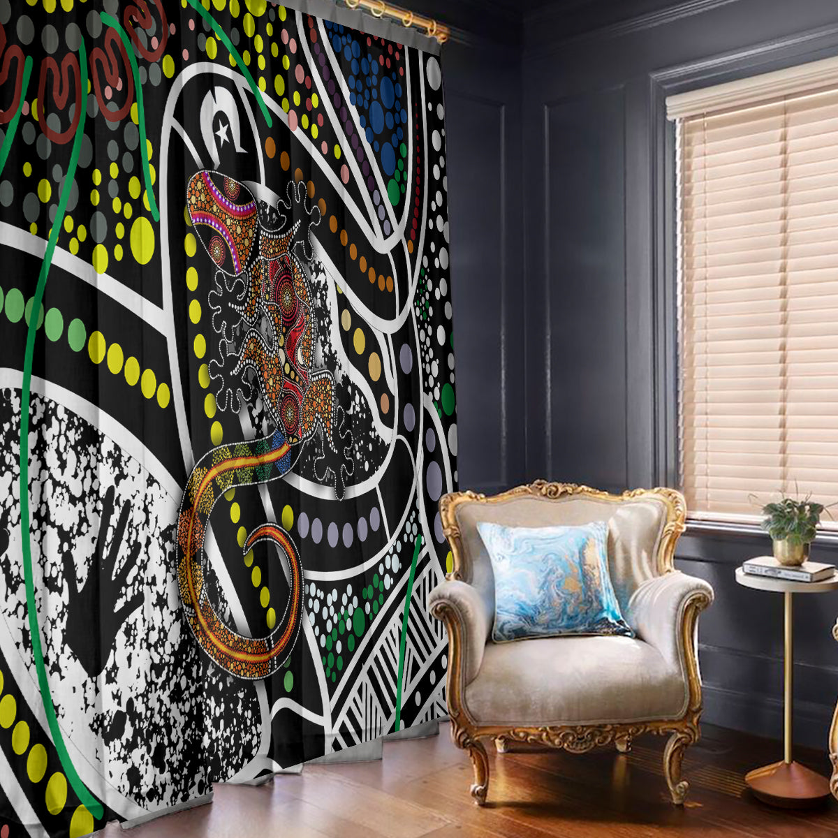 Multicolor Aboriginal dot art window curtains hanging over a window in a living room scene.