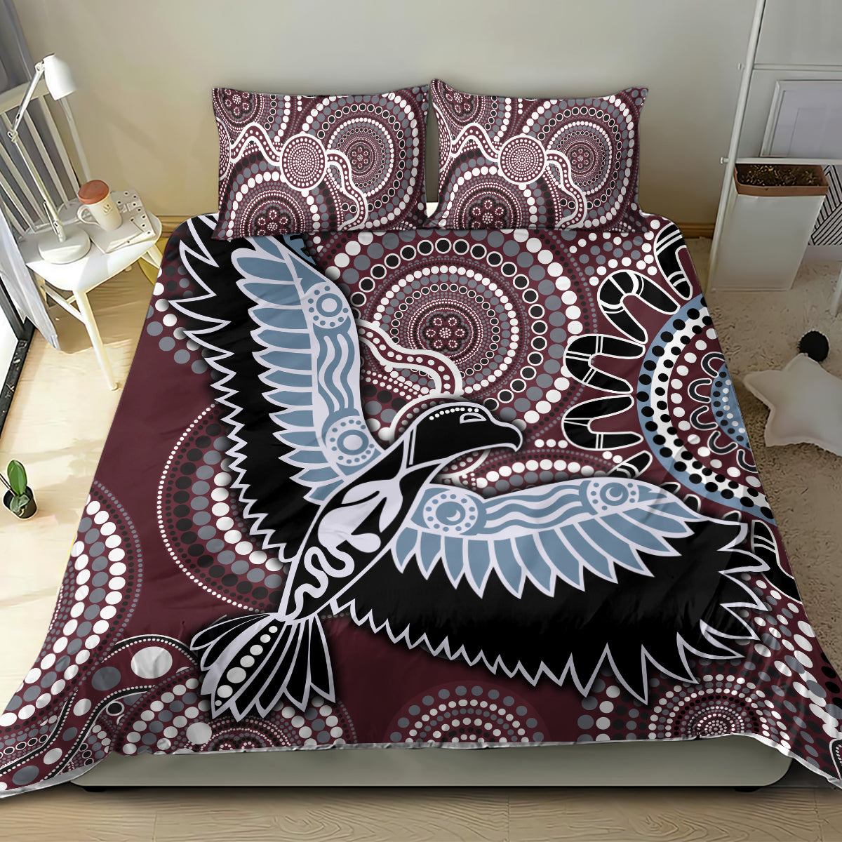 Maroon bird bedding set with black and light blue feathered bird design and two pillowcases