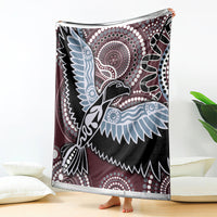 Bird and circle motif blanket, maroon and black with light blue and white accents