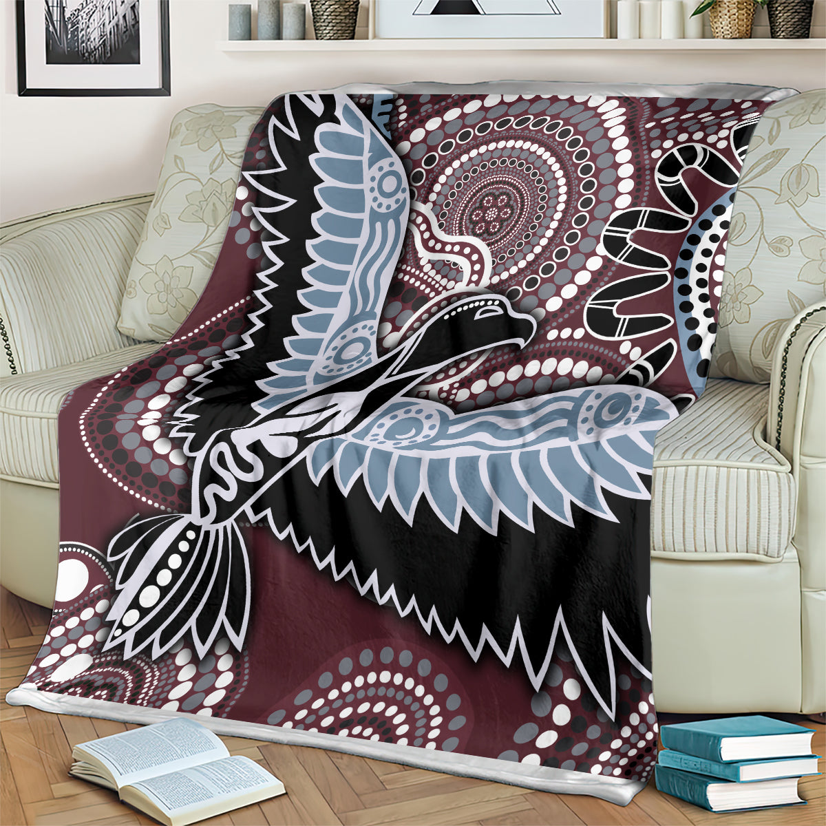 Bird-and-circle blanket in maroon, black, light blue and white tribal artwork
