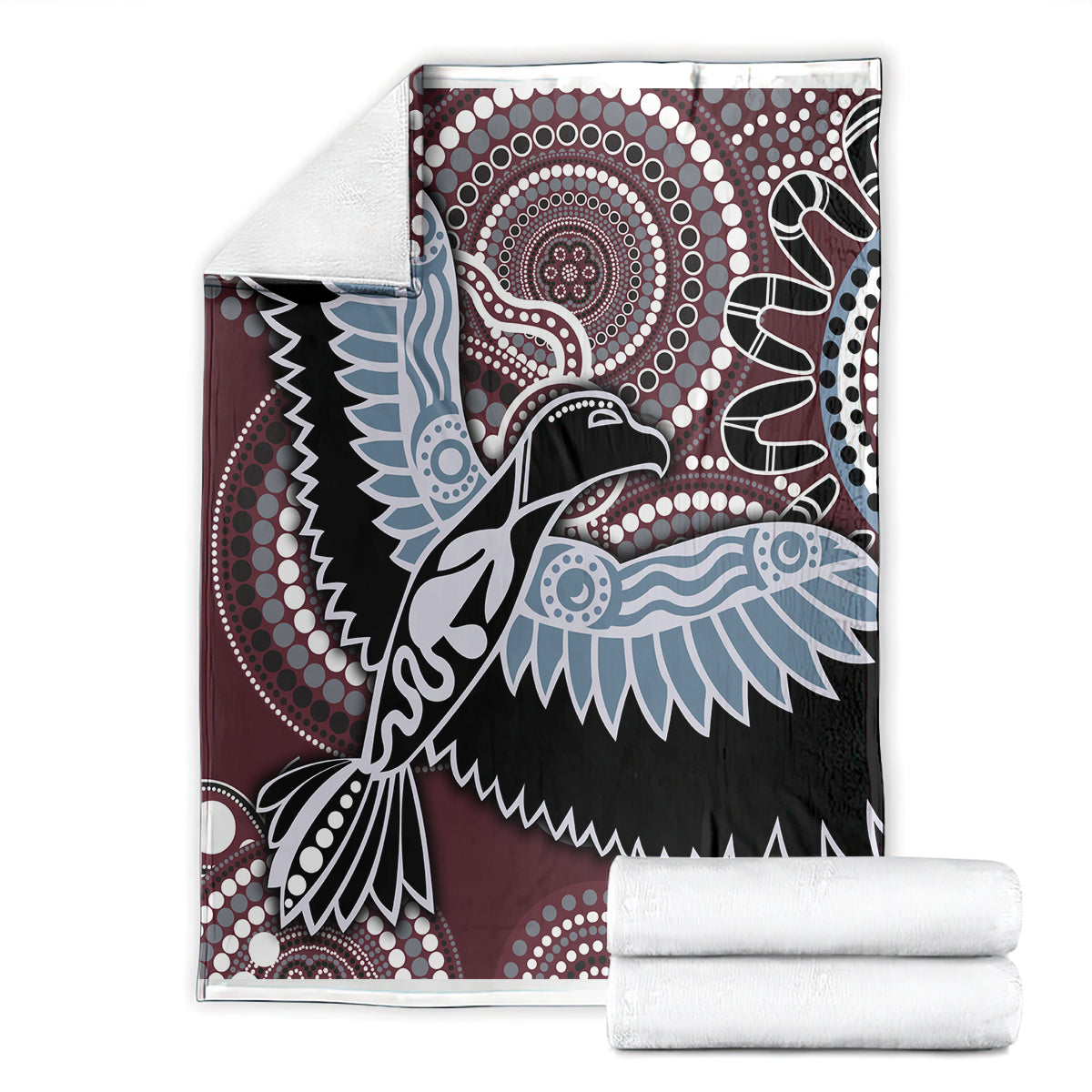 Folded bird pattern blanket set, maroon, black, light blue and white circular tribal design