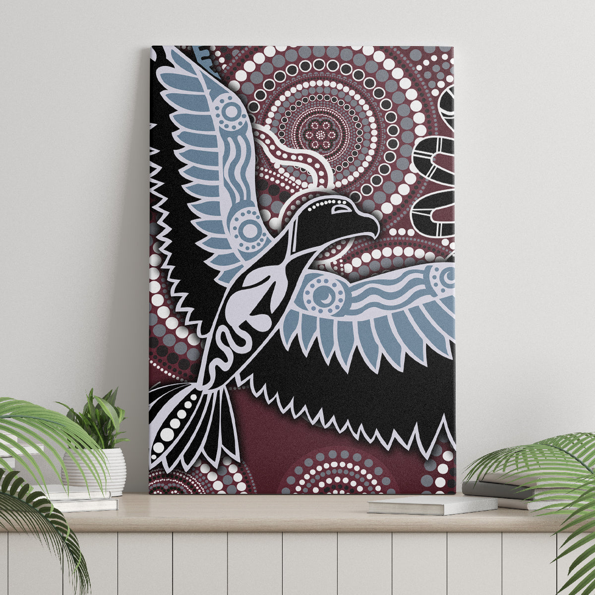 Aboriginal bird canvas wall art featuring blue wings, black outlines, and concentric dots