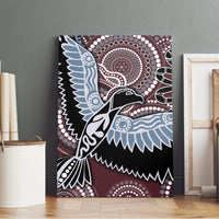 Aboriginal bird canvas wall art with blue feathers, black form, and maroon circle motifs