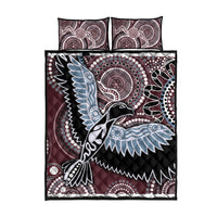 Multicolor bird quilt bed set: square quilt with maroon, black, white, and light blue design