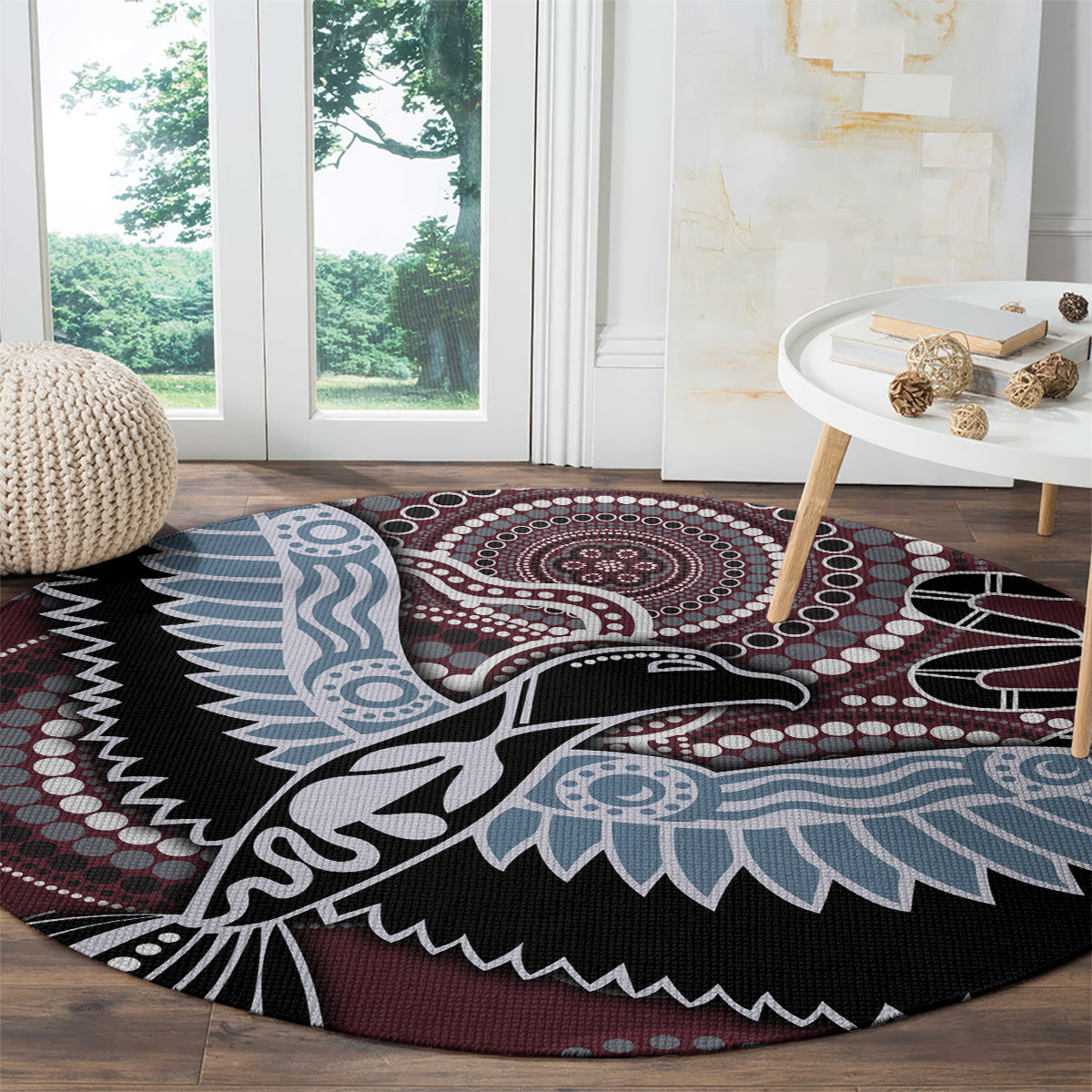 Round Aboriginal pattern bird rug with circular medallion, black background, blue and maroon tones