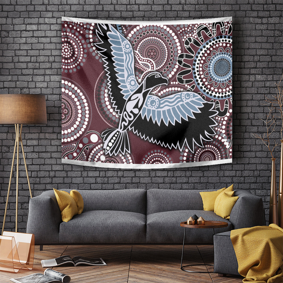 Maroon wall tapestry with blue bird, white dot circles, and black ornamental shapes