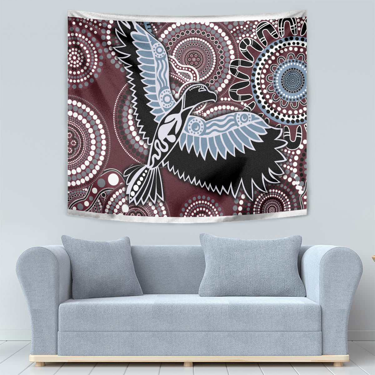 Maroon bird tapestry with light-blue wings and white dot mandala rings, wall hanging