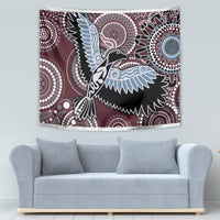 Maroon bird tapestry with light-blue wings and white dot mandala rings, wall hanging
