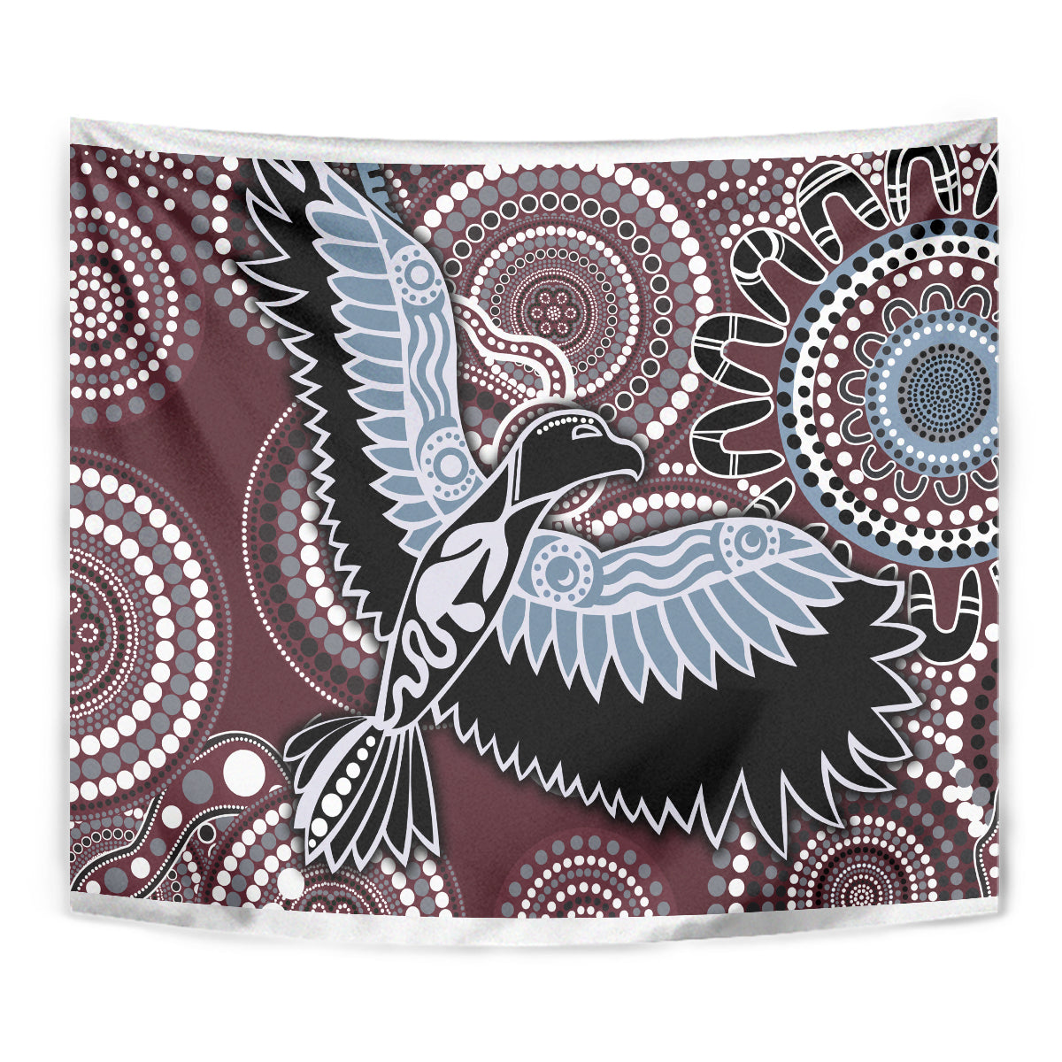 Maroon tapestry close-up with blue bird wings and white dot circular patterns
