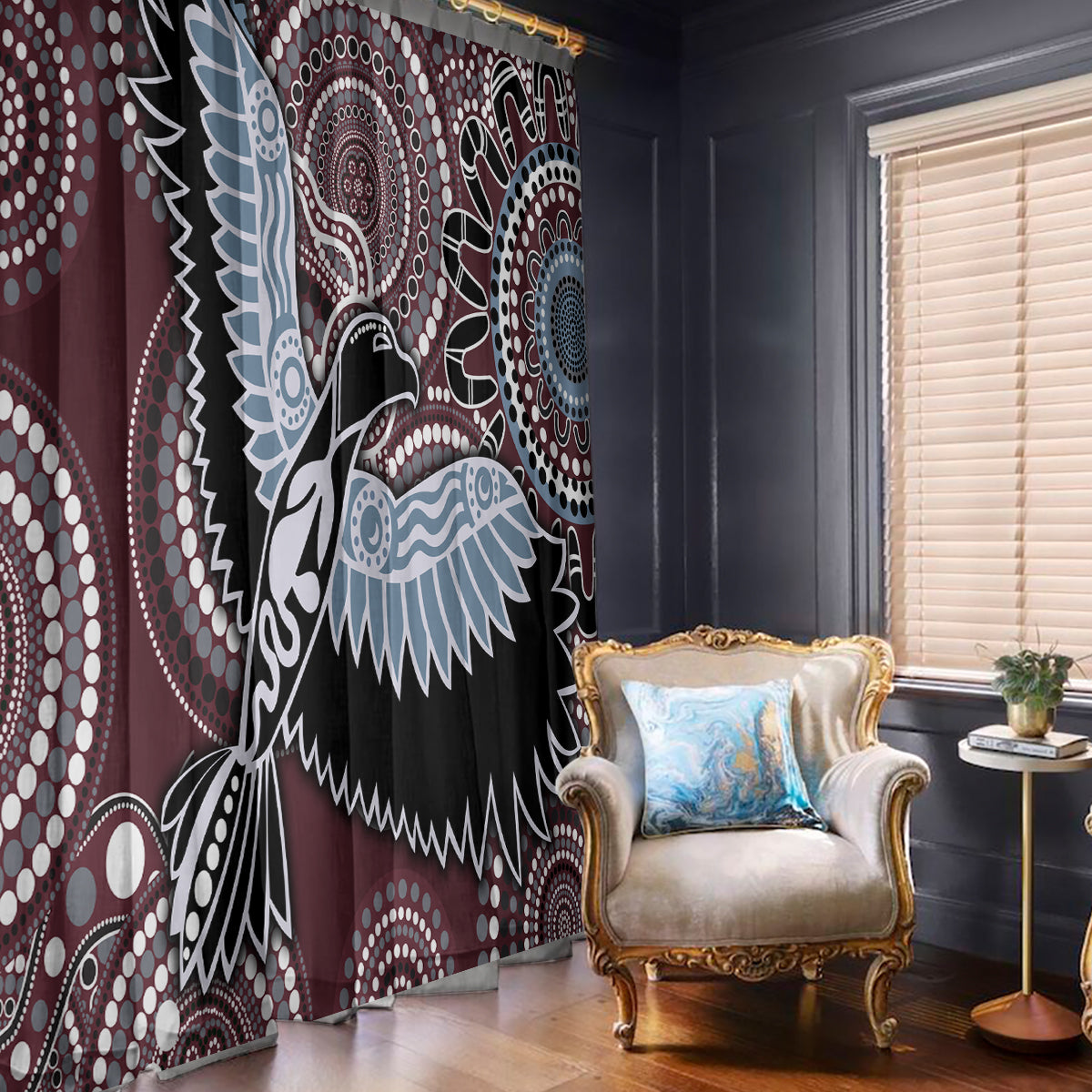 Bird and feather patterned window curtain in burgundy, black, and light blue