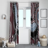 Full-length window curtains with burgundy, black, and light-blue circular dot and bird pattern