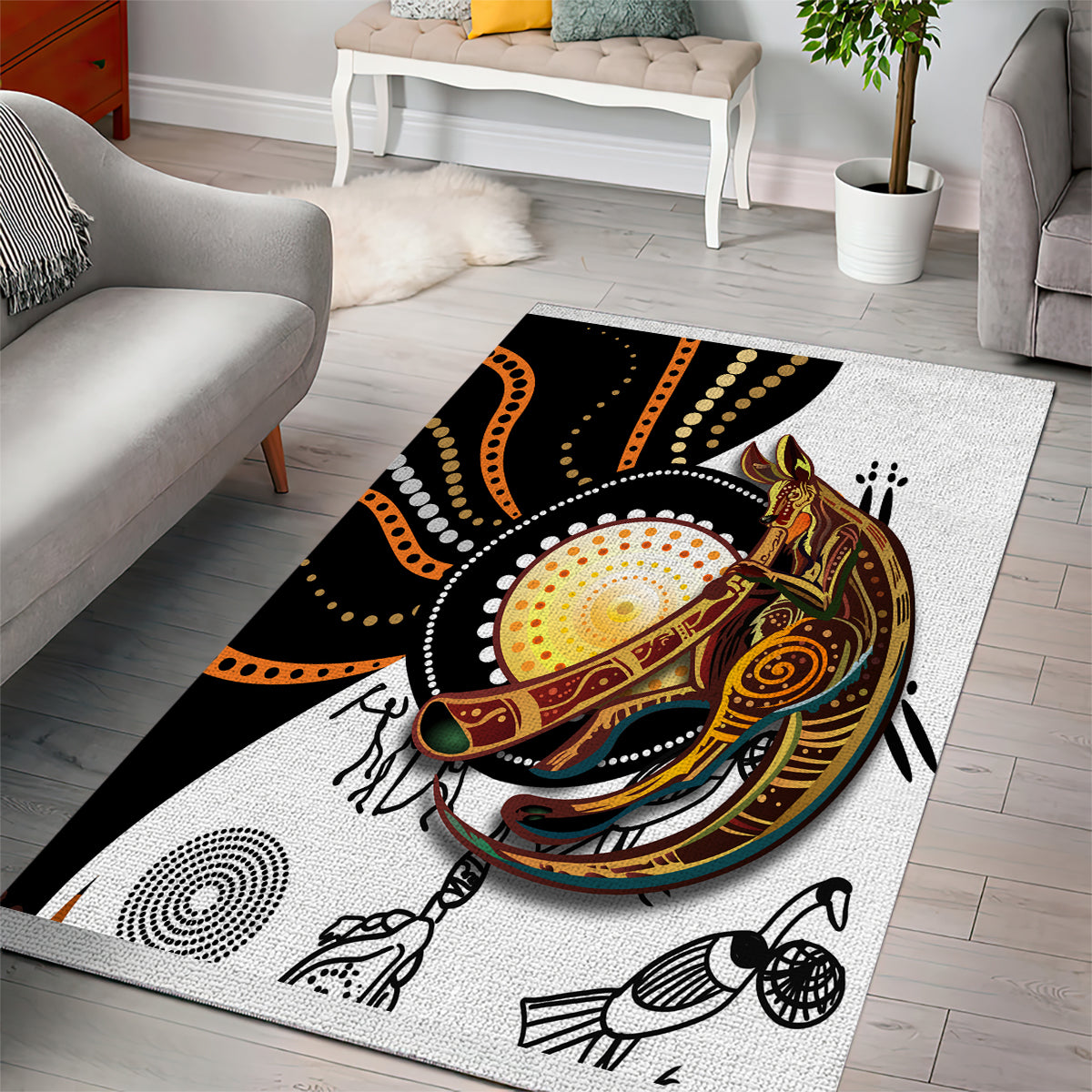 Aboriginal kangaroo dot art area rug with large central kangaroo and swirling dot patterns