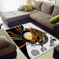 Aboriginal kangaroo dot art area rug showing central kangaroo and black curved bands