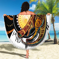 Fringed round beach blanket showing kangaroo dot art, multicolor on white background