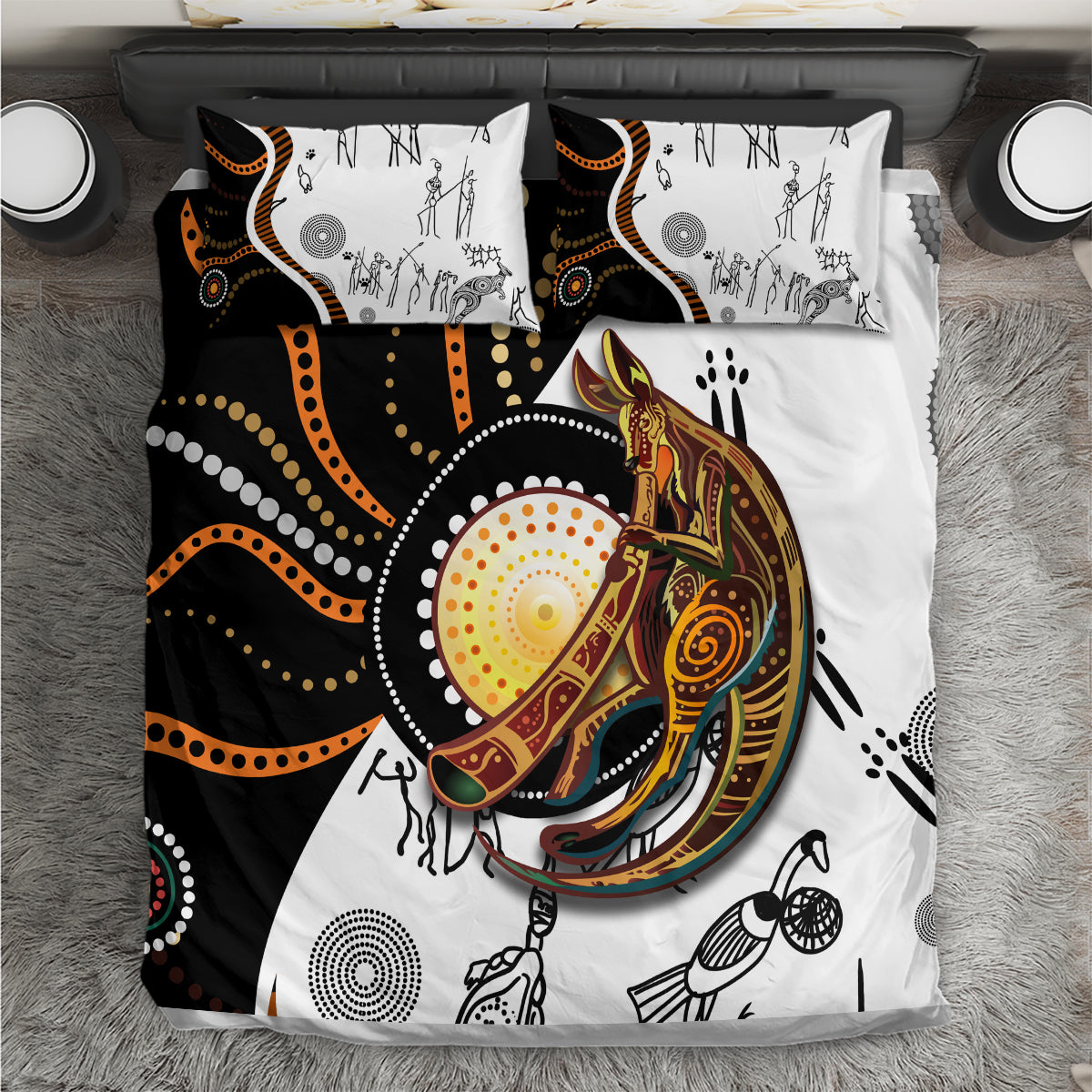Aboriginal kangaroo dot art bedding set with black, white, and orange patterned duvet
