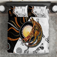 Aboriginal kangaroo dot art bedding set with black, white, and orange patterned duvet