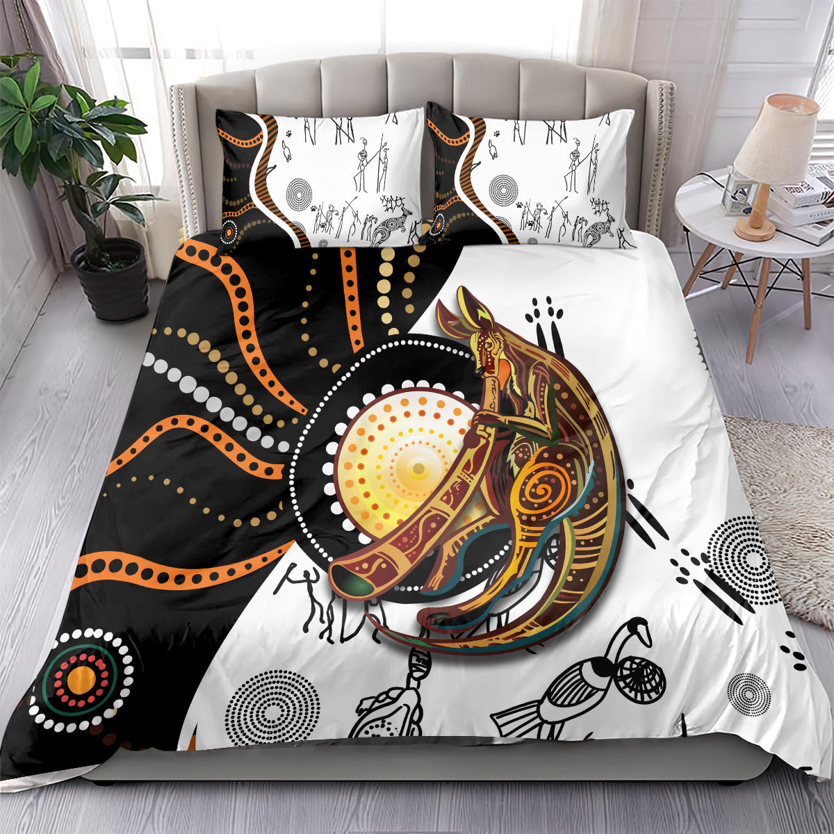 Aboriginal kangaroo dot art bedding set with duvet and pillows, black, white, orange designs