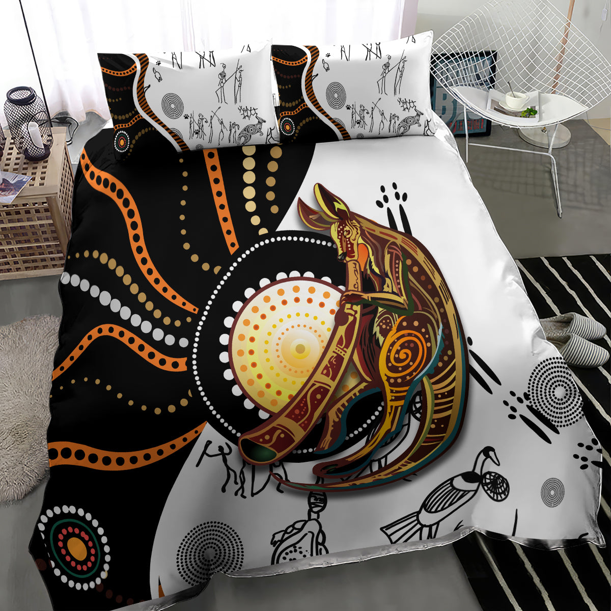Aboriginal kangaroo dot art bedding set, angled view of black-and-white duvet with orange dots