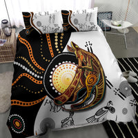 Aboriginal kangaroo dot art bedding set, angled view of black-and-white duvet with orange dots
