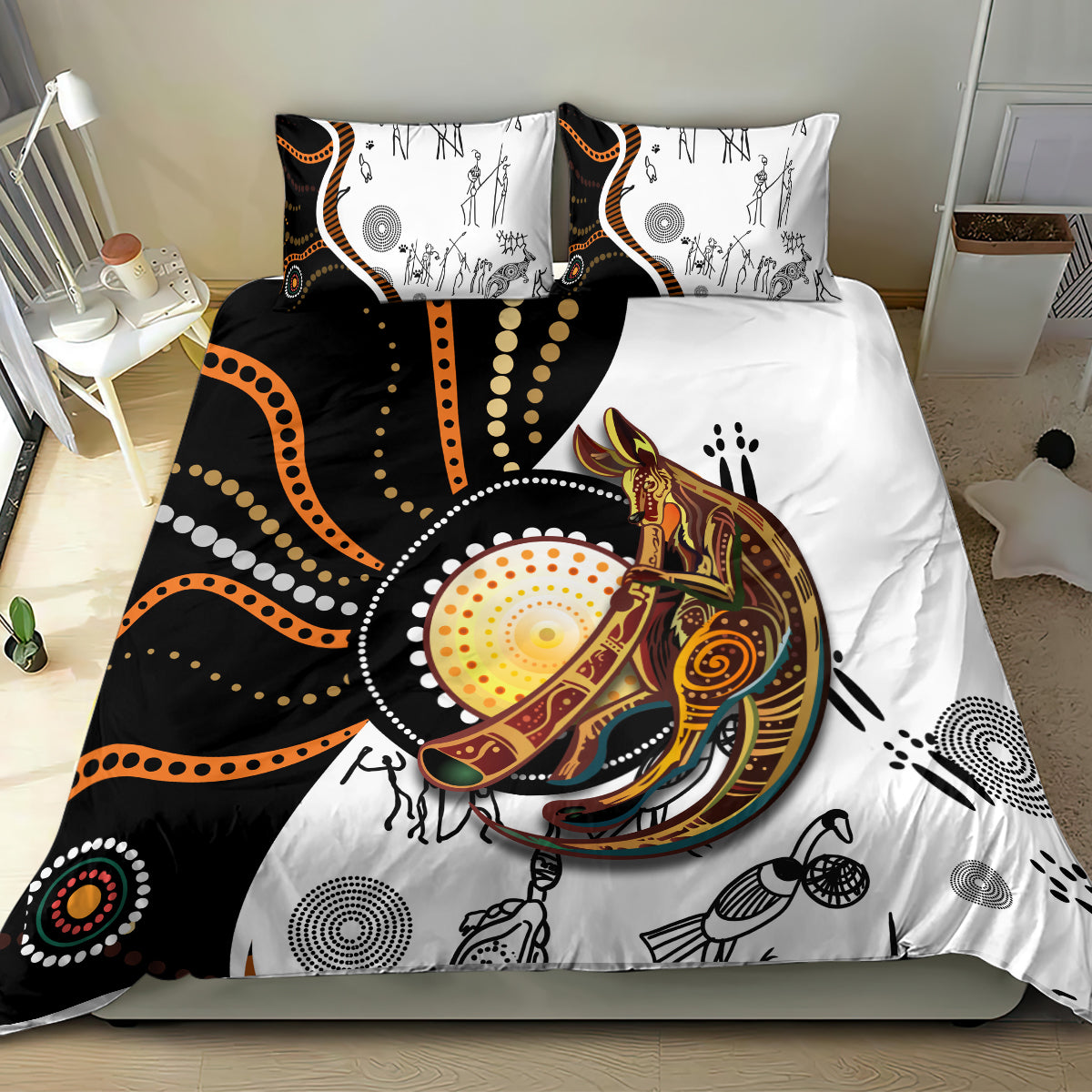 Aboriginal kangaroo dot art bedding set with large kangaroo graphic on black-and-white duvet