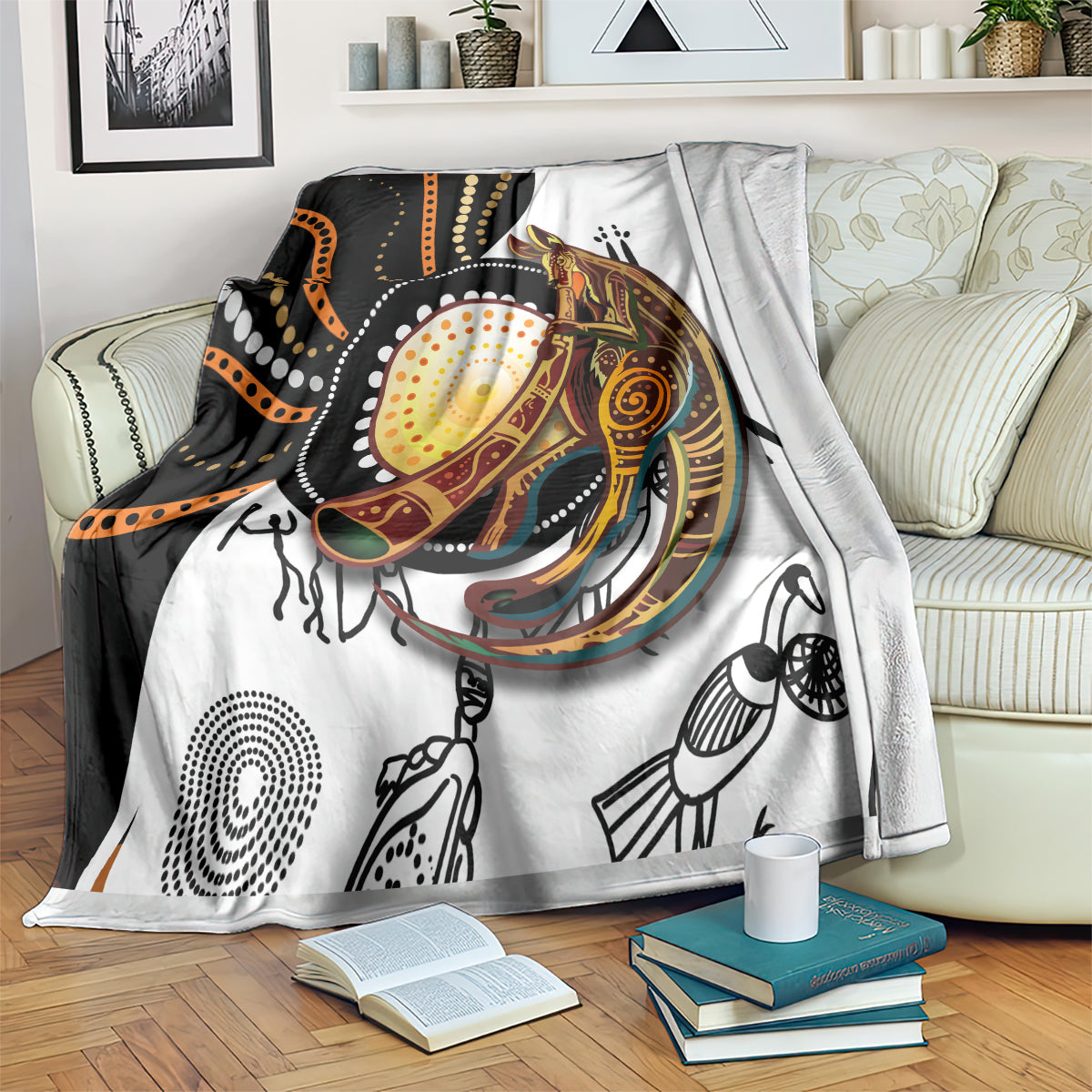 Multicolor Aboriginal kangaroo pattern dot art throw blanket on bed with cartoon kangaroo motif