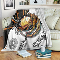 Multicolor Aboriginal kangaroo pattern dot art throw blanket on bed with cartoon kangaroo motif
