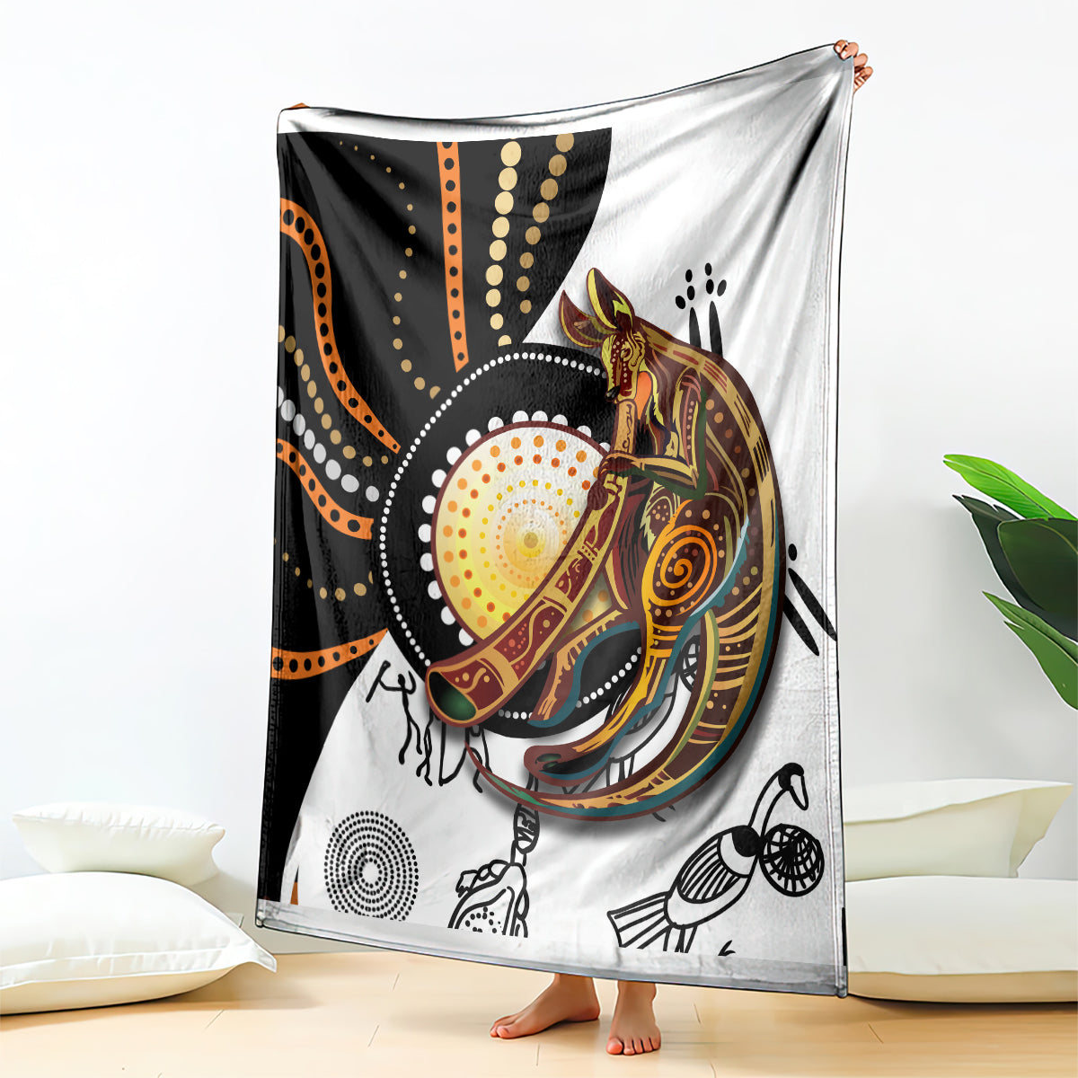 Aboriginal kangaroo pattern dot art blanket draped over furniture, bold kangaroo and dot circles