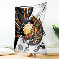 Aboriginal kangaroo pattern dot art blanket draped over furniture, bold kangaroo and dot circles