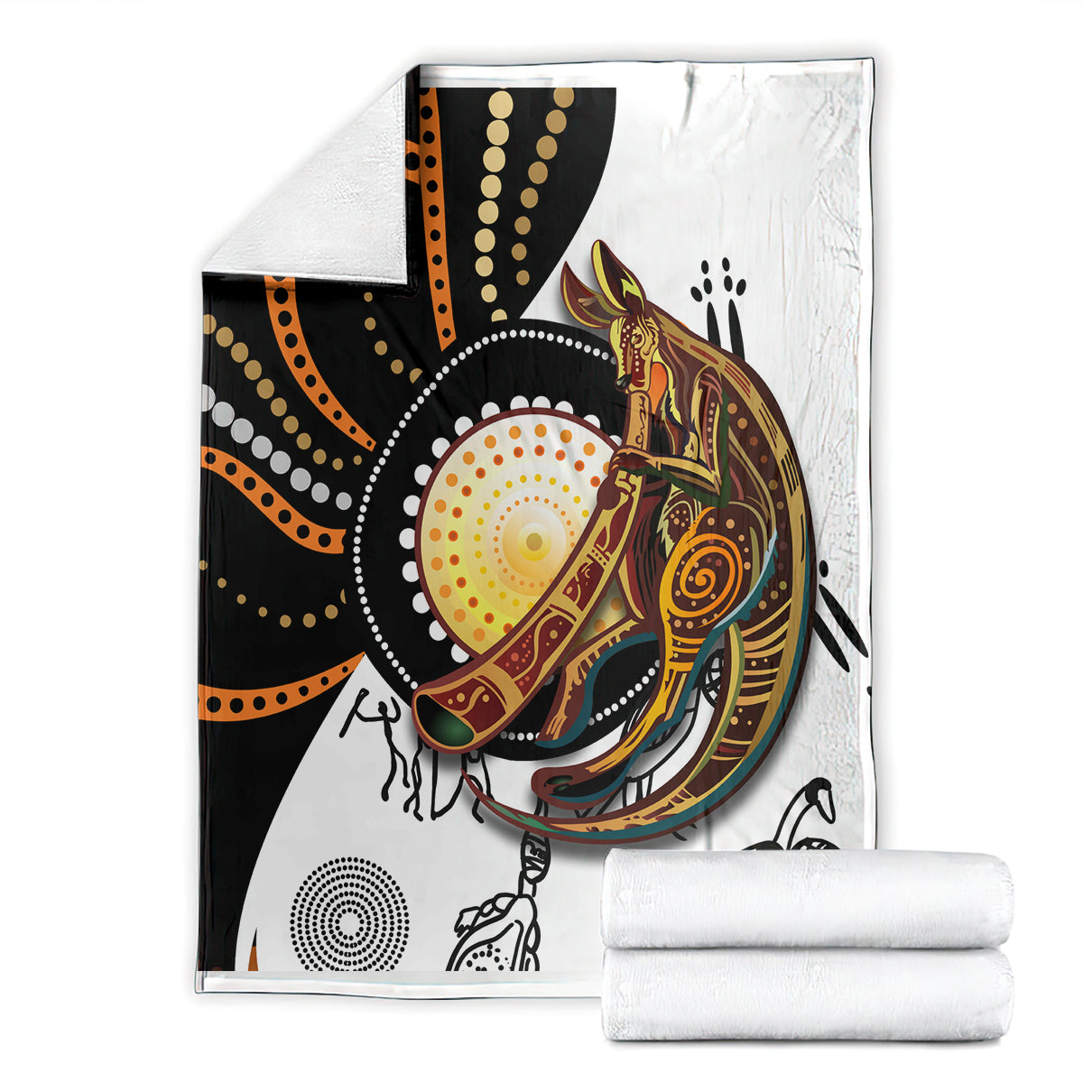 Folded Aboriginal kangaroo pattern dot art blanket with stacked white cloths, kangaroo center design