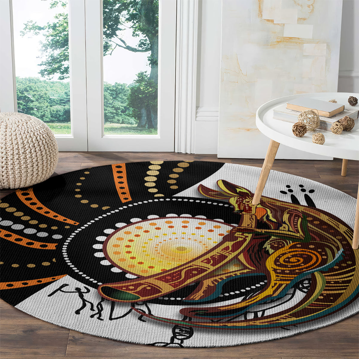 Round rug with kangaroo illustration and dot bands in black, orange, yellow, and green