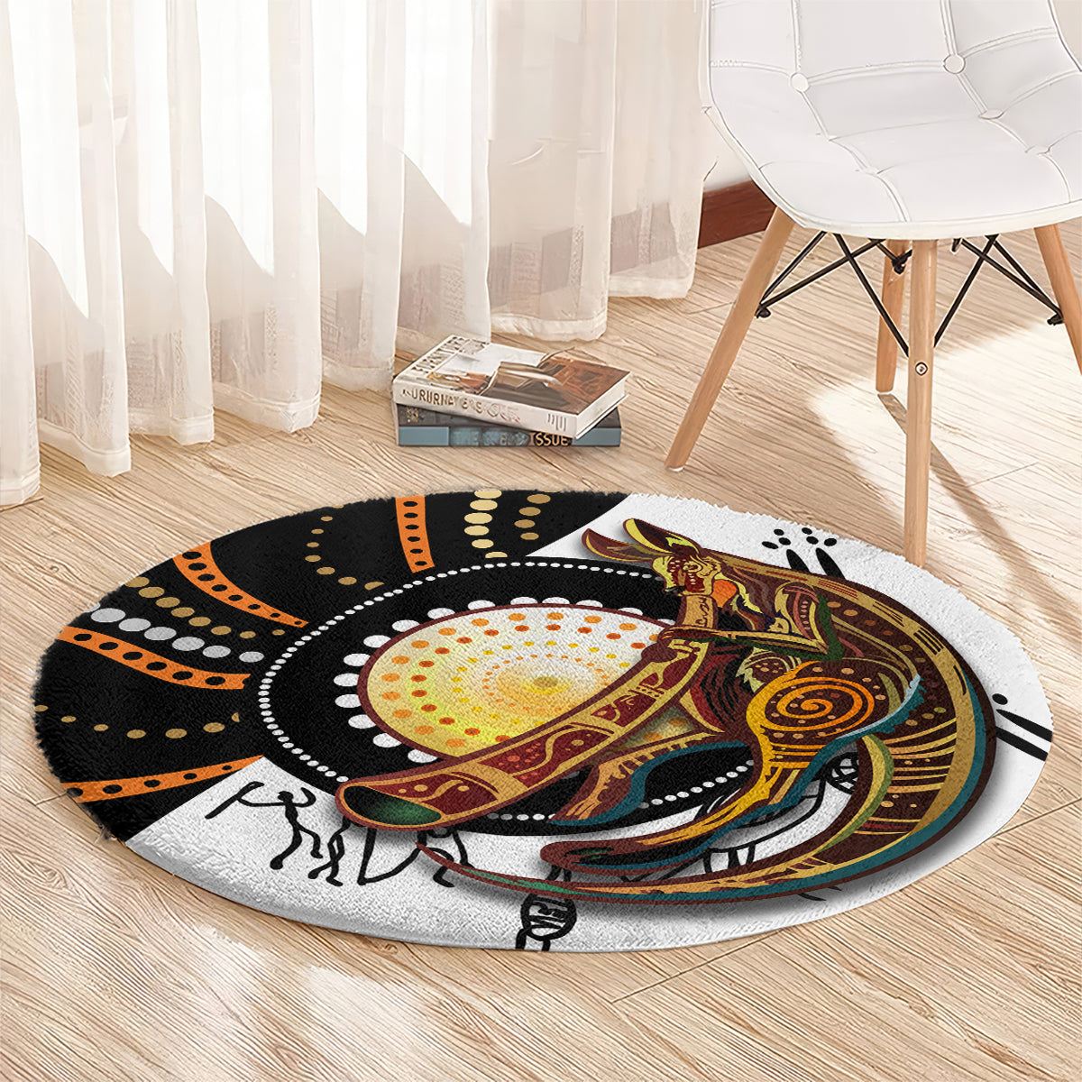 Round rug featuring kangaroo artwork with orange and yellow dot accents on a black field