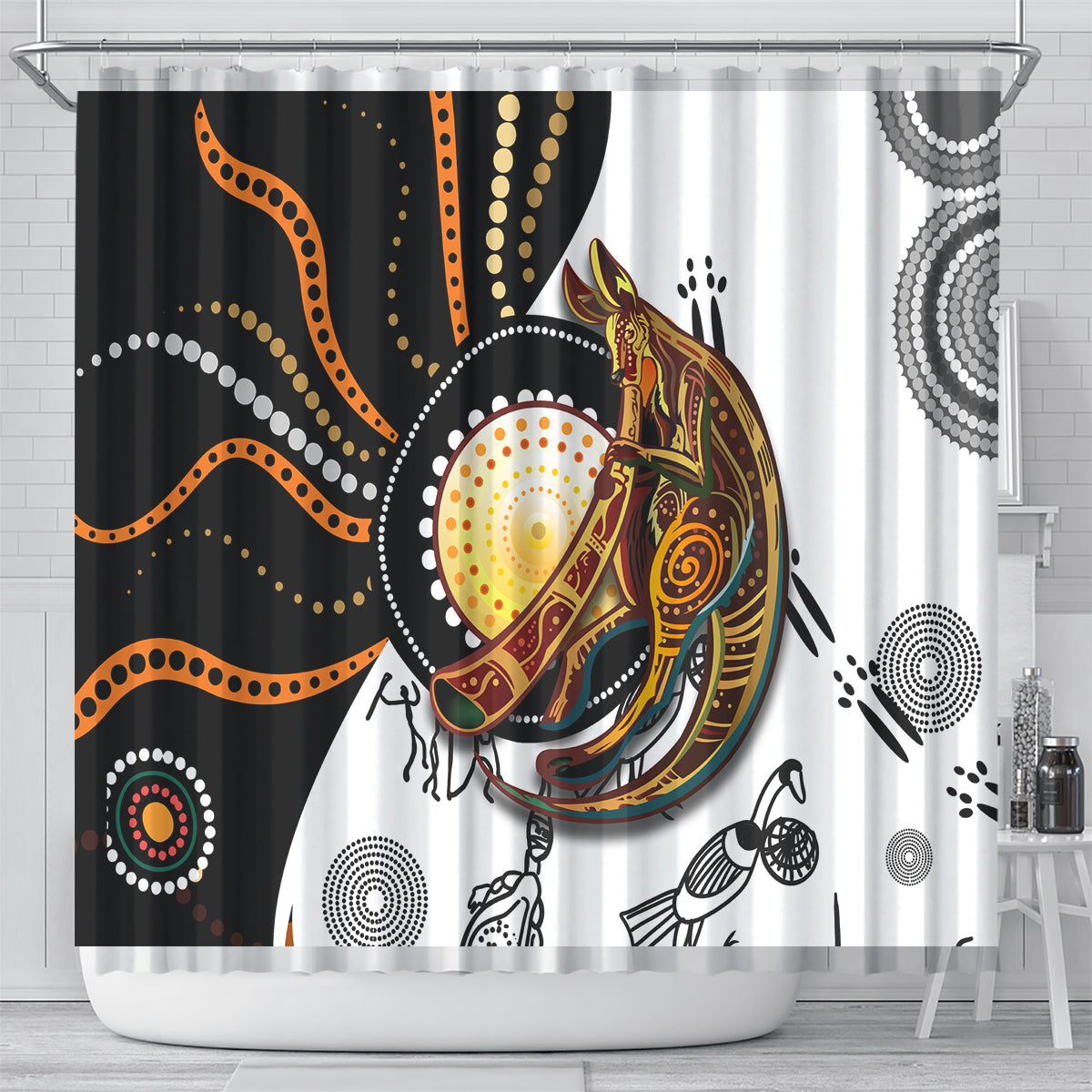 Multicolor shower curtain with abstract boomerang dots and kangaroo artwork