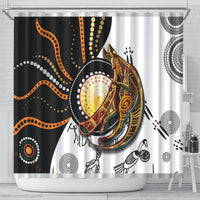 Multicolor shower curtain with abstract boomerang dots and kangaroo artwork
