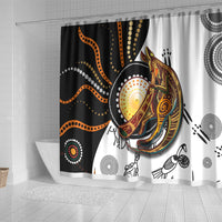 Multicolor shower curtain featuring large kangaroo face and dot circle patterns