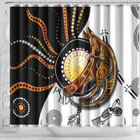 Multicolor shower curtain close view with kangaroo artwork and dotted swirl details