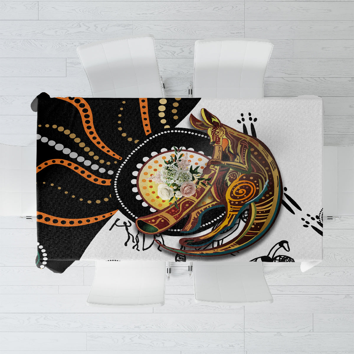 Square kangaroo dot art tablecloth in black, orange, and white with circular motifs