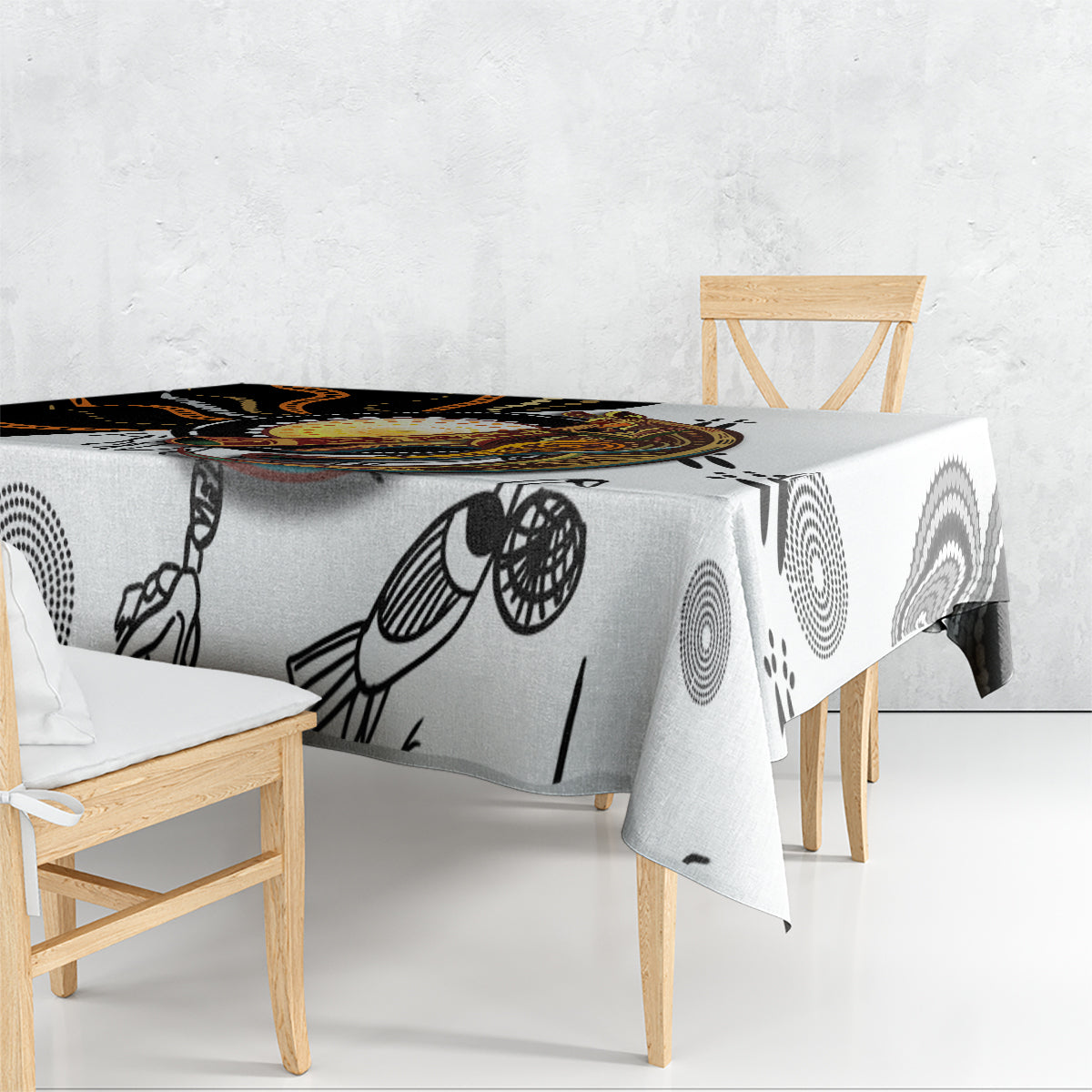 Rectangle tablecloth with monochrome Aboriginal dot-art pattern and kangaroo figures