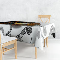 Rectangle tablecloth with monochrome Aboriginal dot-art pattern and kangaroo figures