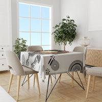 Square tablecloth with black and gray Aboriginal dot-art circles and kangaroo outline pattern
