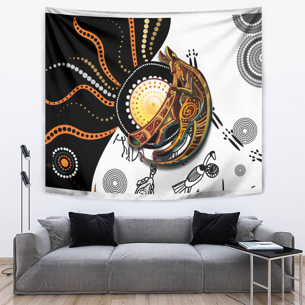 Aboriginal kangaroo pattern tapestry, black and white with orange and gold dot art