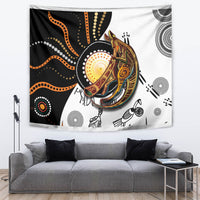 Aboriginal kangaroo pattern tapestry, black and white with orange and gold dot art